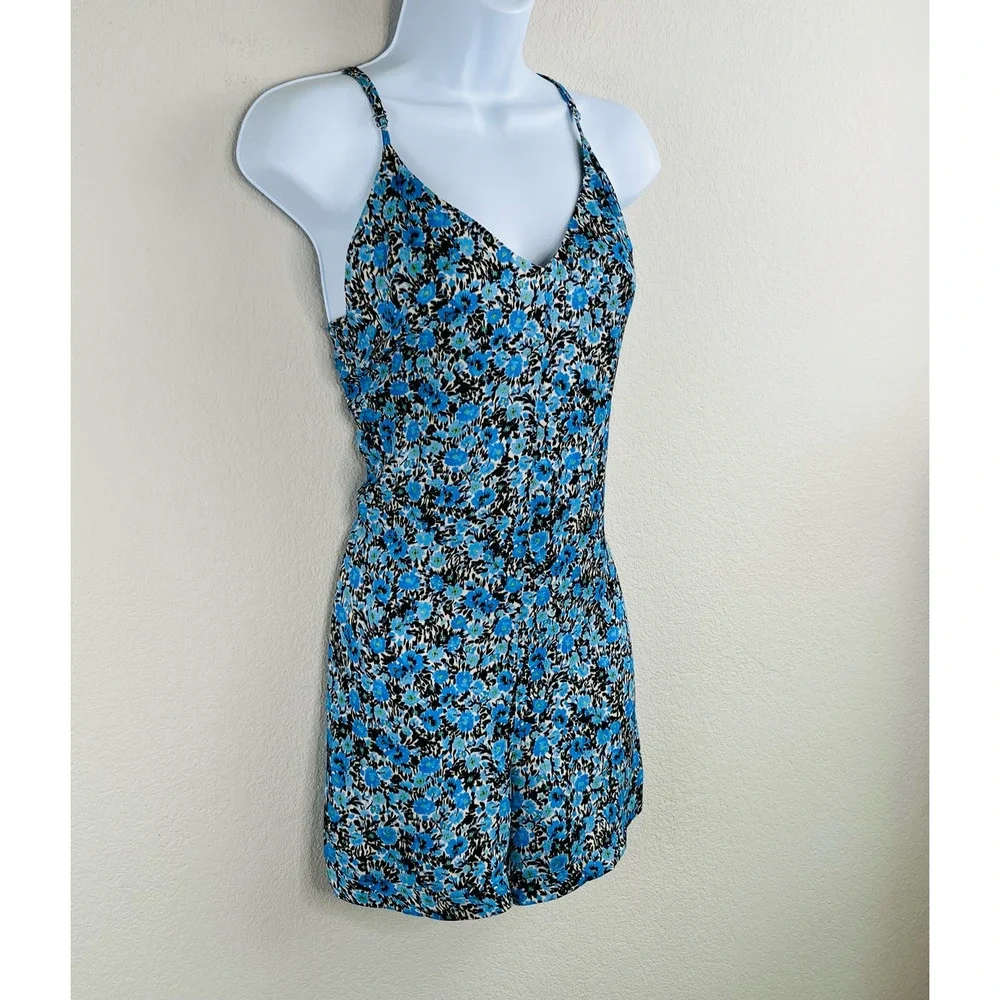 Topshop Floral Tie Back Romper Blue Black Boho Summer Beach Festival 6 NWT